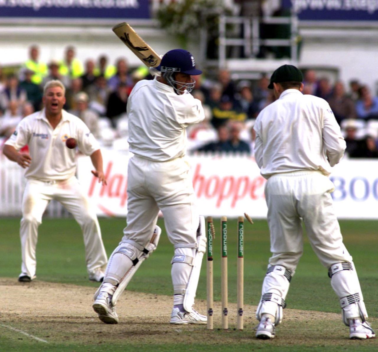 Alec Stewart is bowled for a duck by Shane Warne, England v Australia, 3rd Test, Trent Bridge, 2nd day, August 3, 2001