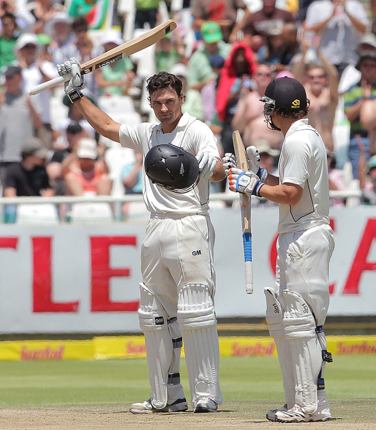 Dean Brownlie raises his bat after scoring his maiden Test century, South Africa v New Zealand, 1st Test, Cape Town, 3rd day, January 4, 2013