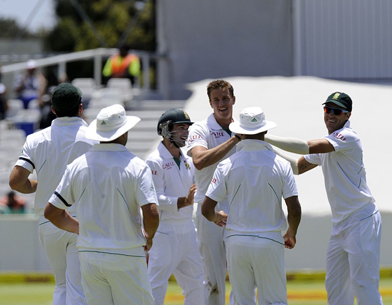 South Africans celebrate Dean Brownlie's dismissal, South Africa v New Zealand, 1st Test, Cape Town, January 4, 2013