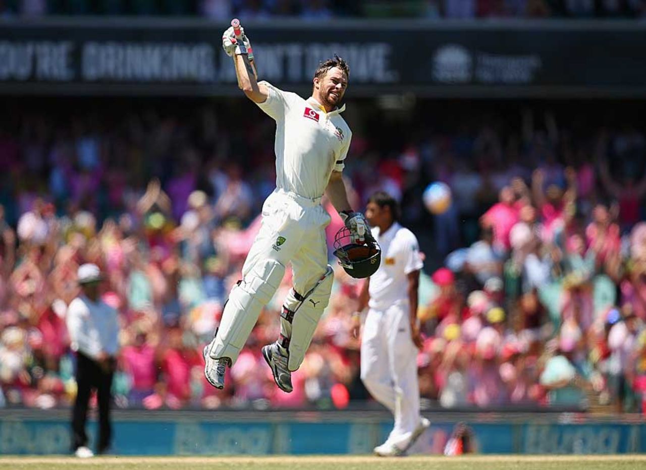 Matthew Wade is airborne after reaching his century, Australia v Sri Lanka, 3rd Test, Sydney, 3rd day, January 5, 2013
