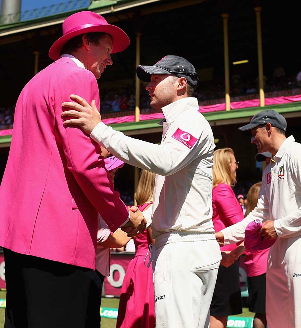 Michael Clarke greets Glenn McGrath on Jane McGrath day at the SCG, Australia v Sri Lanka, 3rd Test, Sydney, 3rd day, January 5, 2013