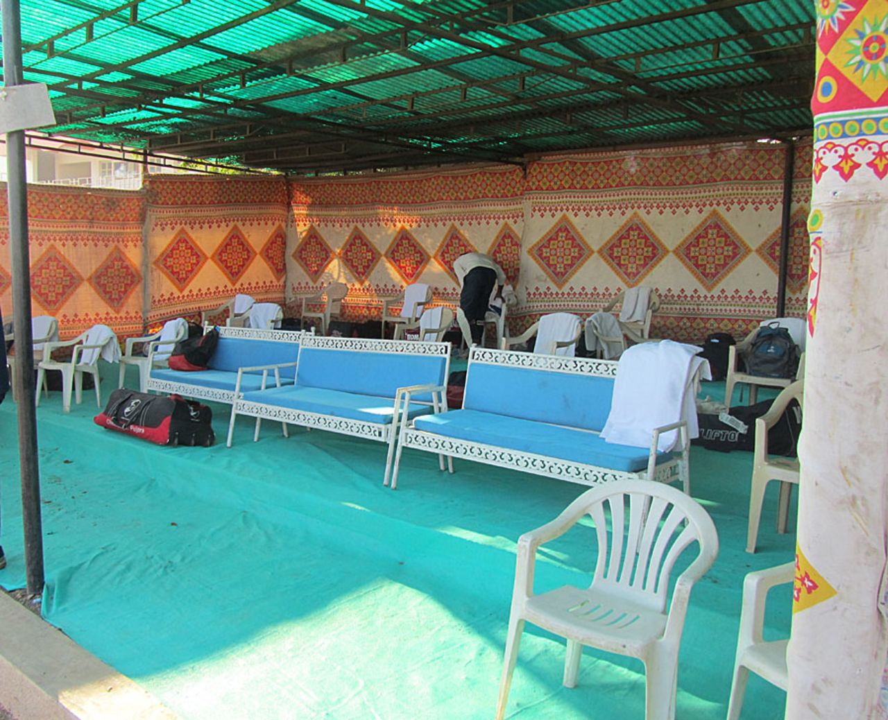 The makeshift dressing room at the Saurashtra University Ground, Rajkot, January 6, 2013