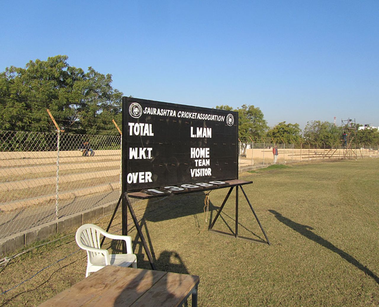 The scoreboard at the Saurashtra University Ground, Rajkot, January 6, 2013
