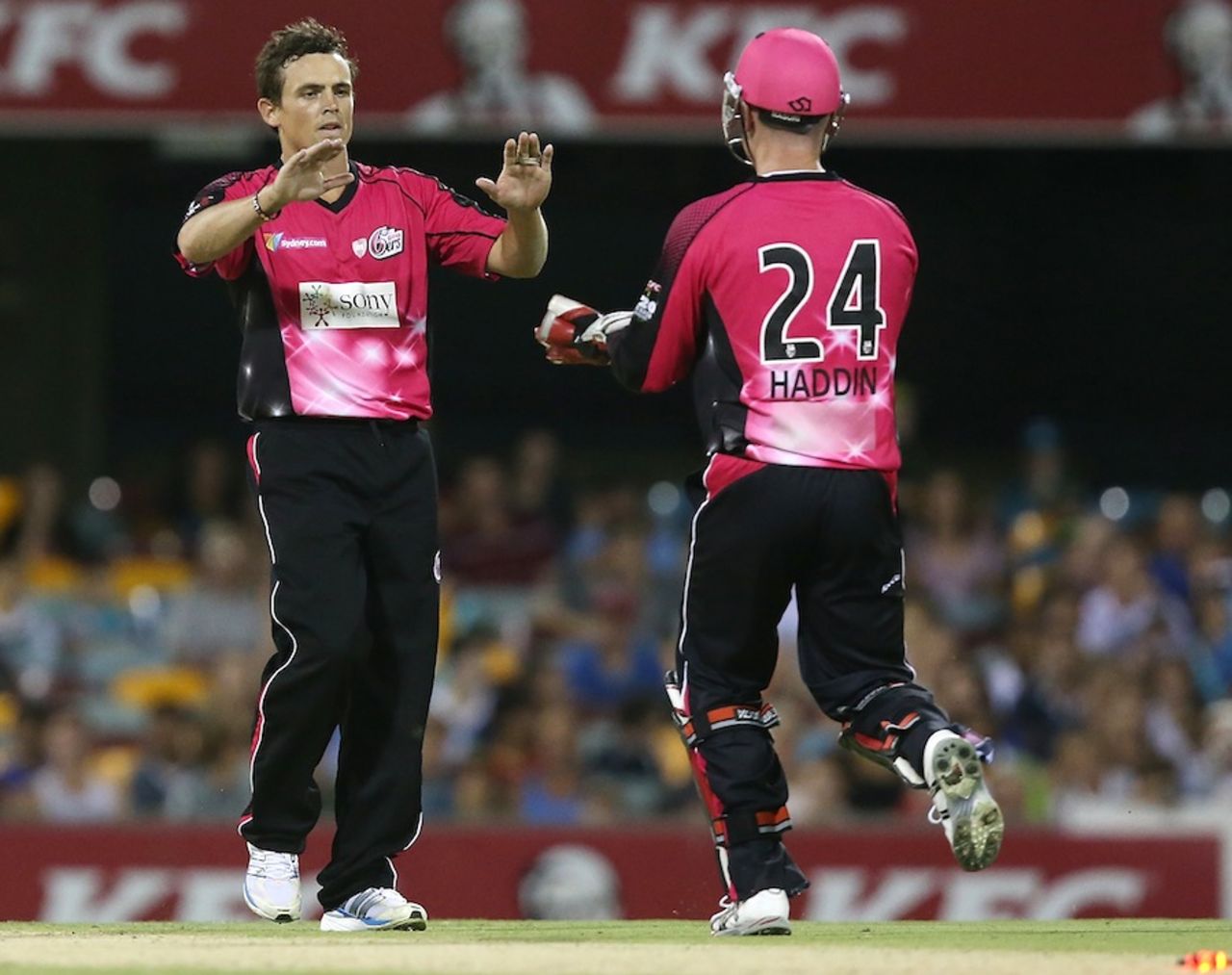 Steve O'Keefe is congratulated after picking up a wicket, Brisbane Heat v Sydney Sixers, Big Bash League, Gabba, January 7, 2013