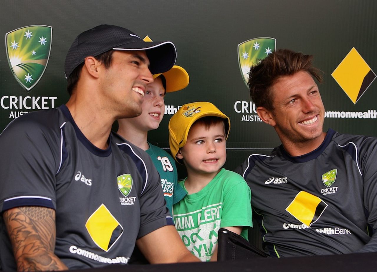 Mitchell Johnson and James Pattinson with fans at the launch of the ODI series against Sri Lanka, Melbourne, January 9, 2013