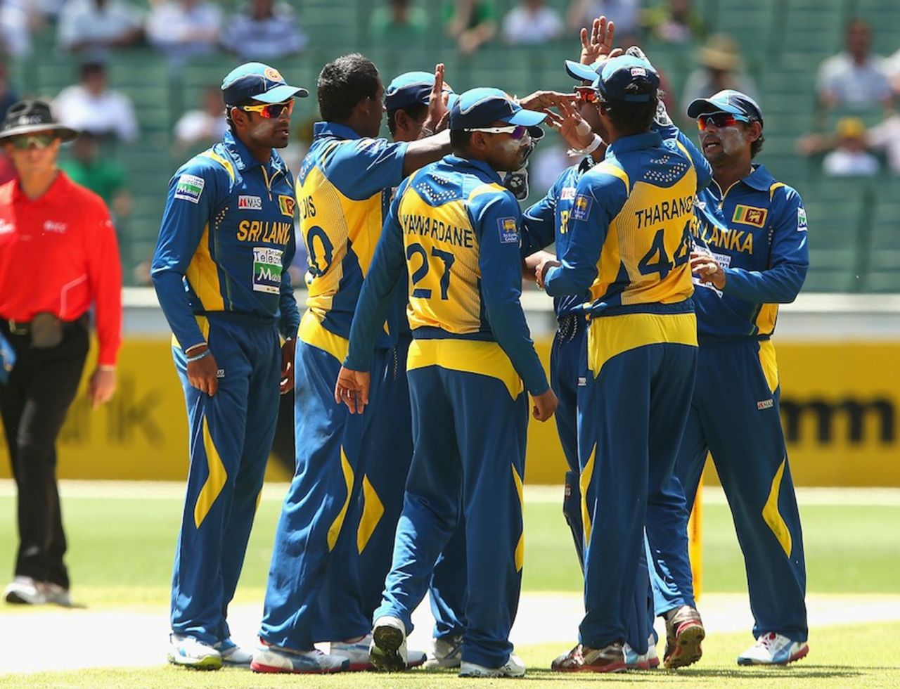 The Sri Lankans celebrate Aaron Finch's wicket, Australia v Sri Lanka, 1st ODI, Melbourne, January 11, 2013