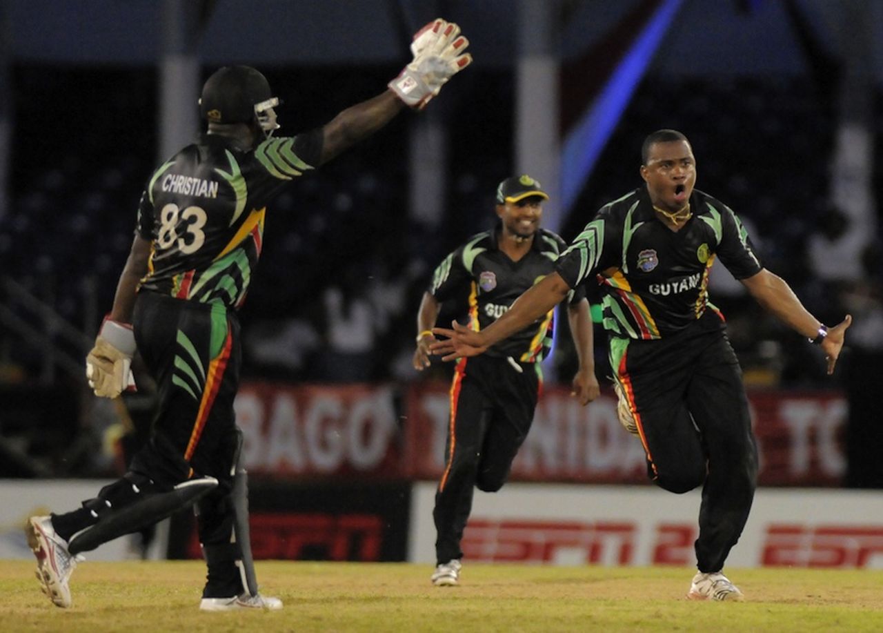 Christopher Barnwell celebrates a wicket, Barbados v Guyana, Caribbean T20, Trinidad, January 10, 2013
