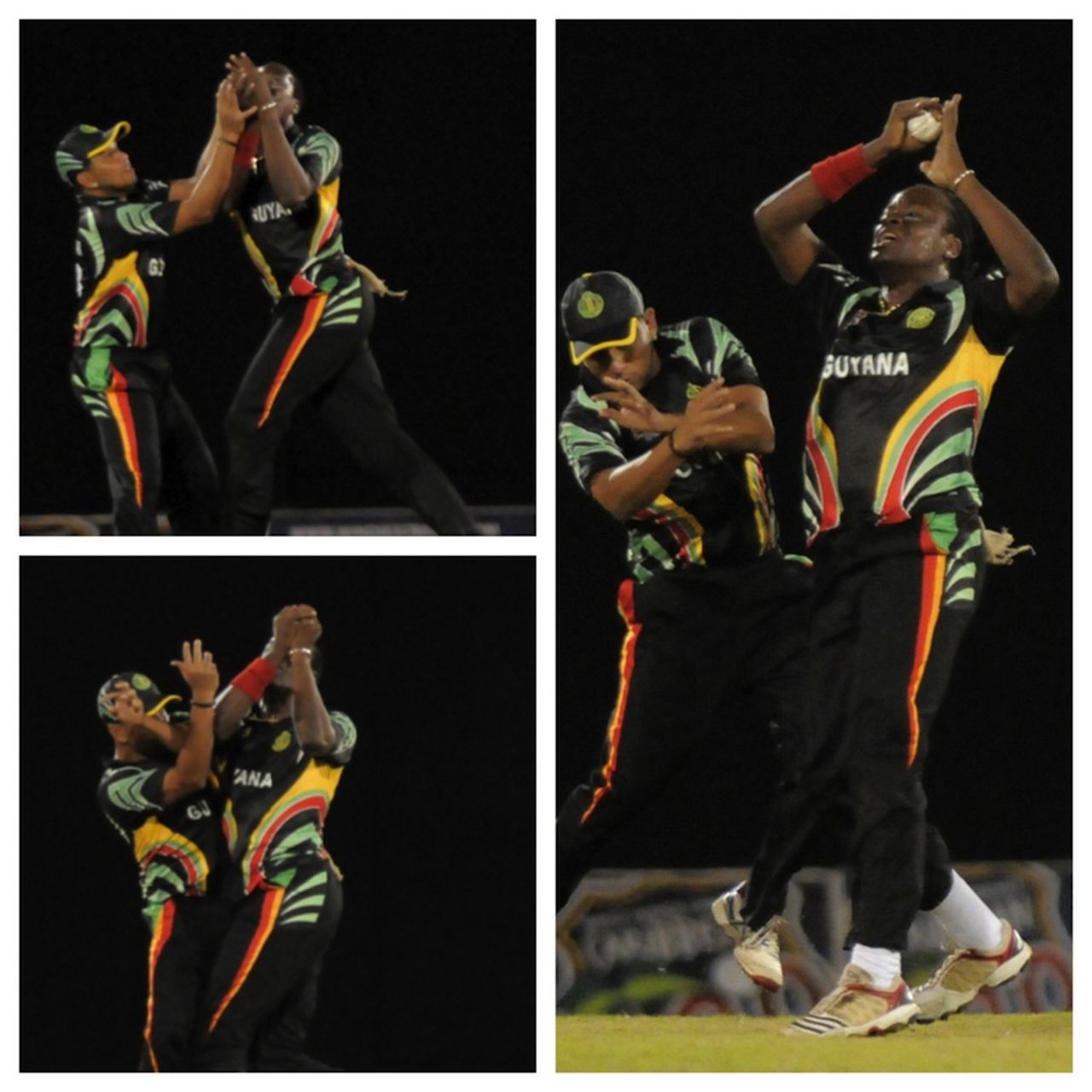 Steven Jacobs takes a catch after colliding with Ramnaresh Sarwan, Barbados v Guyana, Caribbean T20, Trinidad, January 10, 2013
