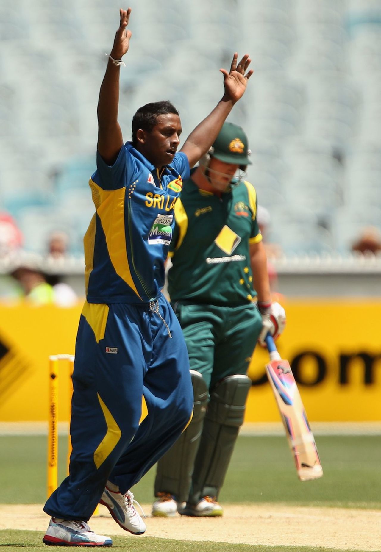 Ajantha Mendis celebrates a wicket, Australia v Sri Lanka, 1st ODI, Melbourne, January 11, 2013