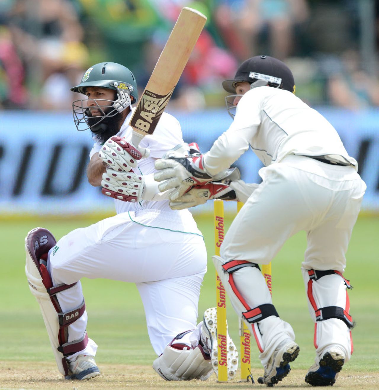 Hashim Amla sweeps during his hundred, South Africa v New Zealand, 2nd Test, Port Elizabeth, 1st day, January 11, 2013