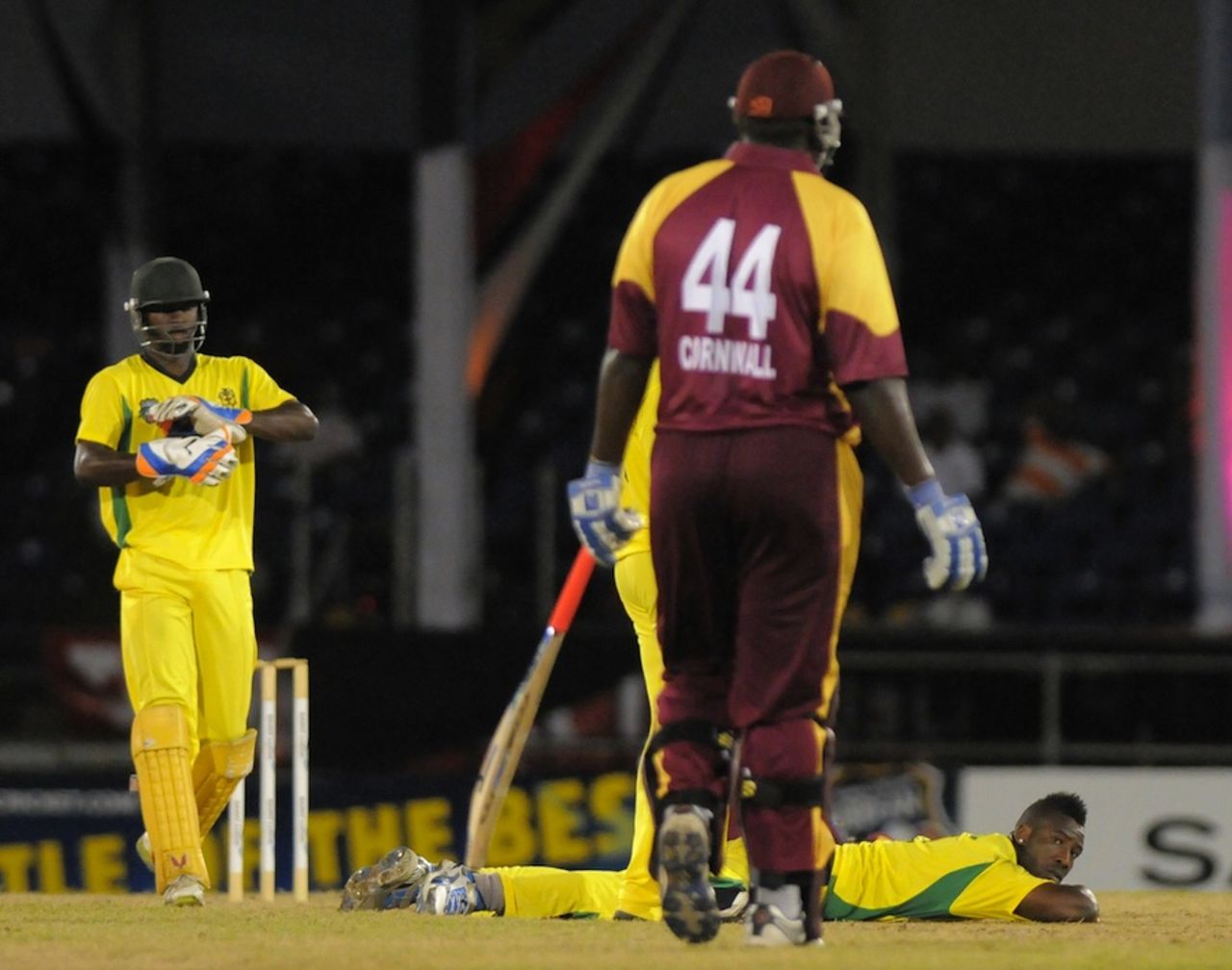 Andre Russell lies on the ground after the match is tied, Jamaica v Leeward Islands, Caribbean T20, January 11, 2013