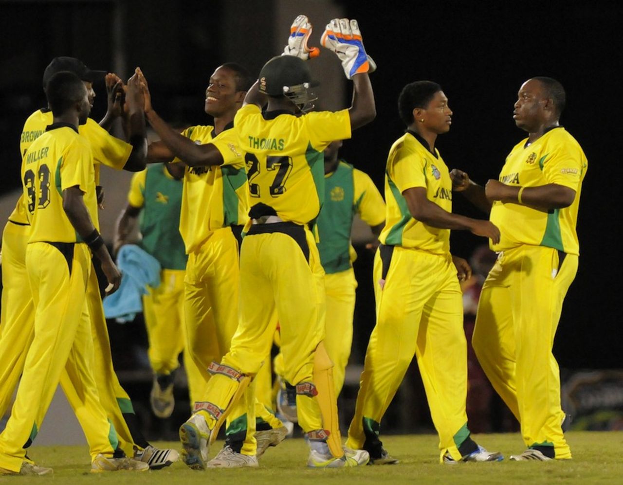 Jamaica's players celebrate a wicket, Jamaica v Leeward Islands, Caribbean T20, January 11, 2013