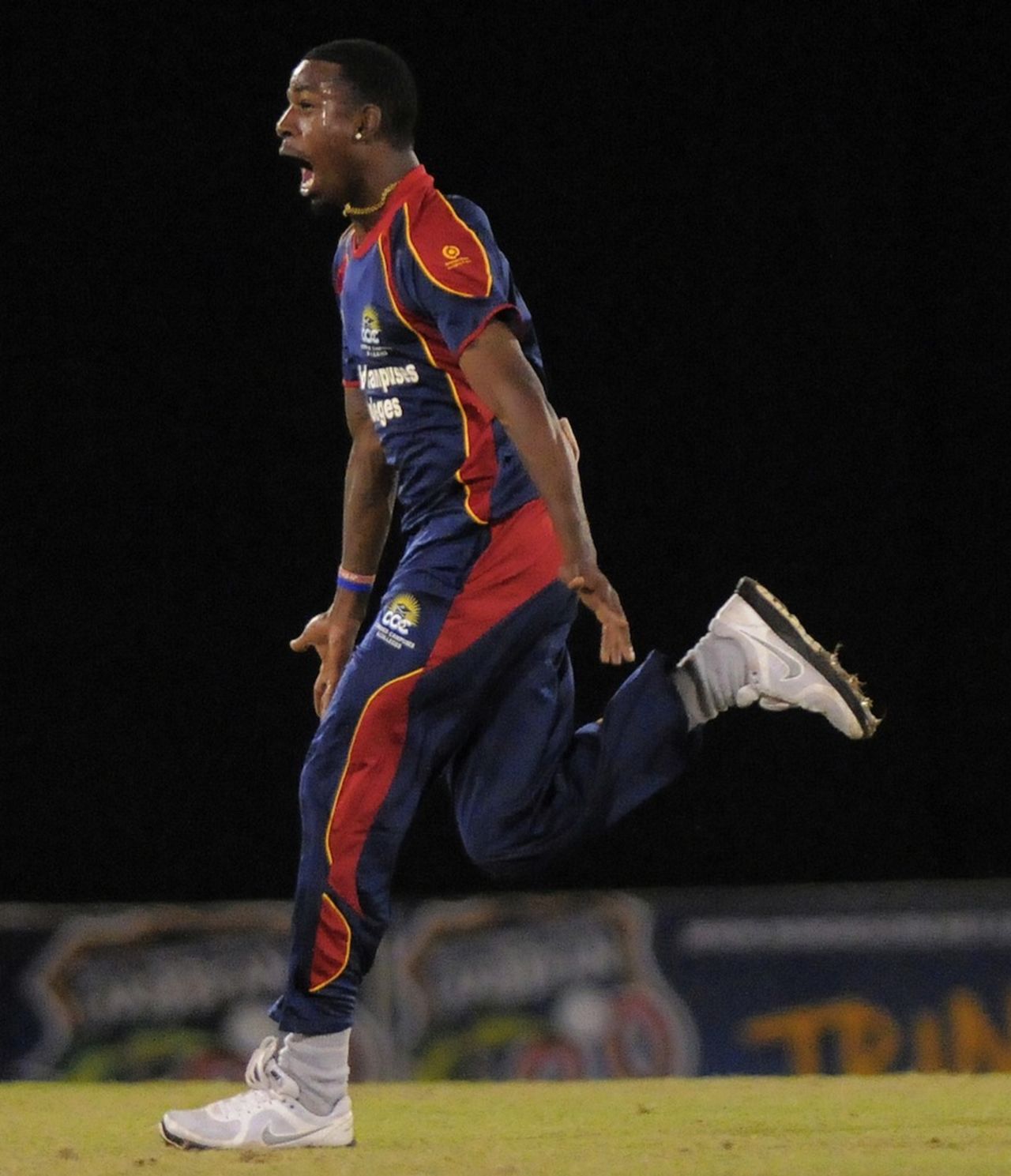 Derone Davis celebrates his hat-trick, Barbados v CCC, Caribbean T20, January 11, 2013