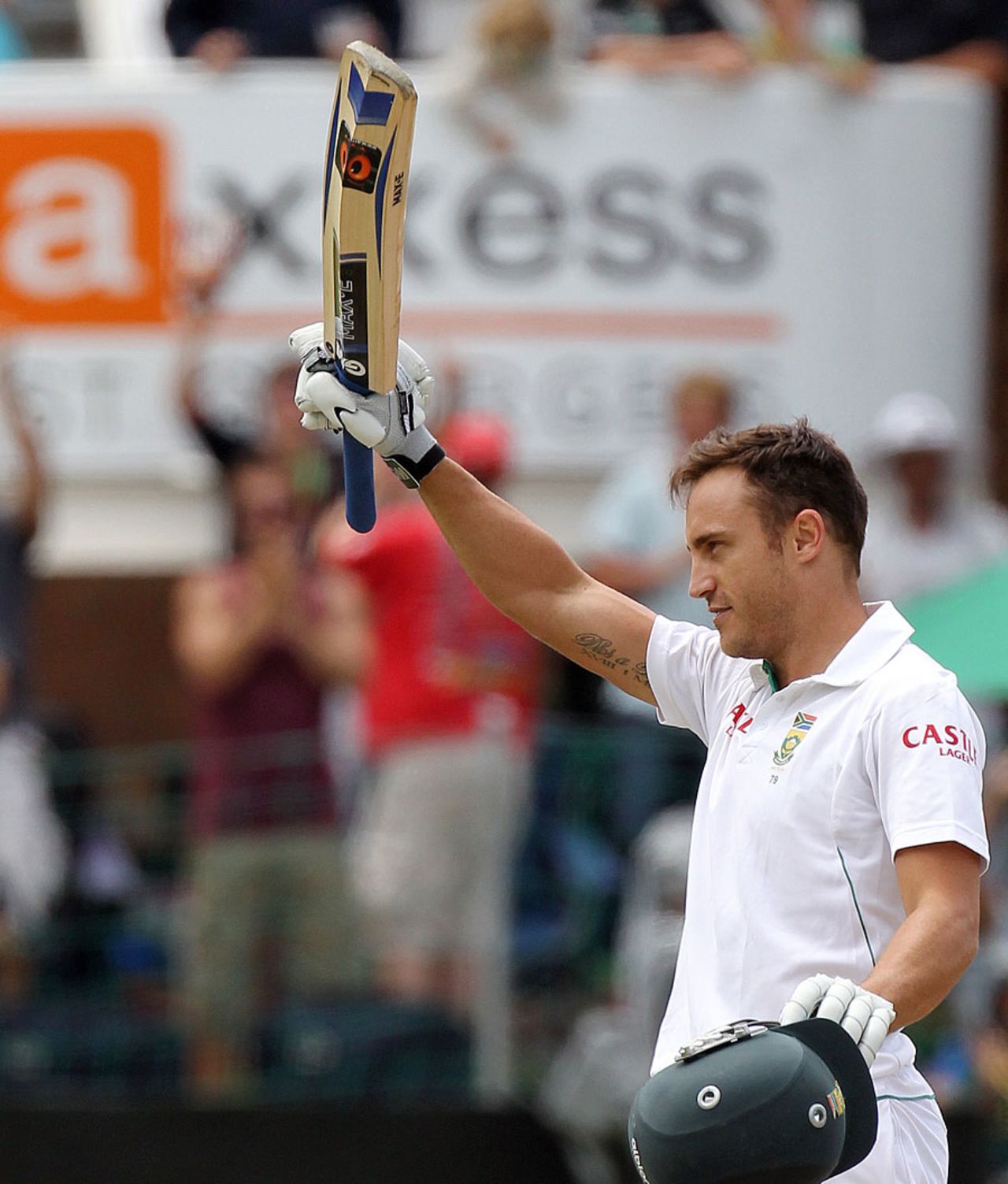 Faf du Plessis celebrates his second Test hundred, South Africa v New Zealand, 2nd Test, Port Elizabeth, 2nd day, January 12, 2013