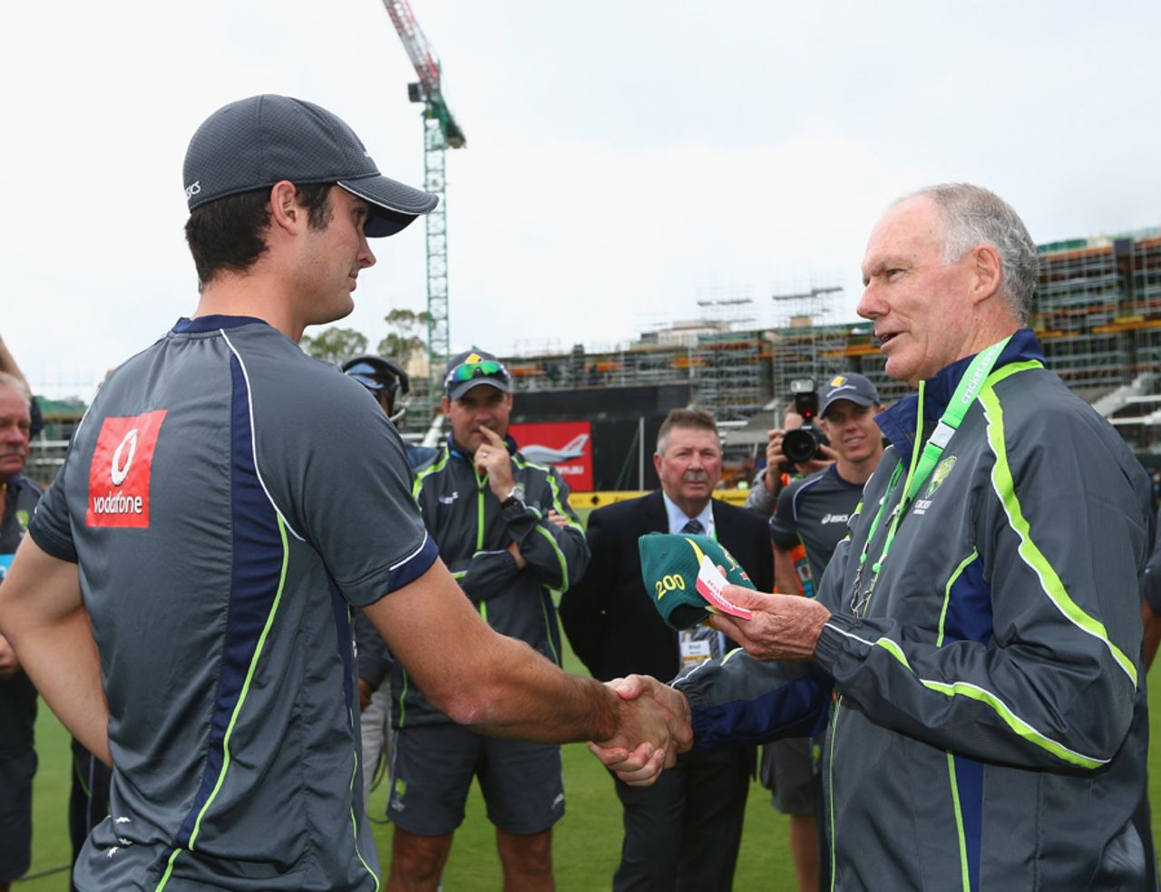 Ben Cutting gets his Australia cap from Greg Chappell, Australia v Sri Lanka, 2nd ODI, Adelaide, January 13, 2013