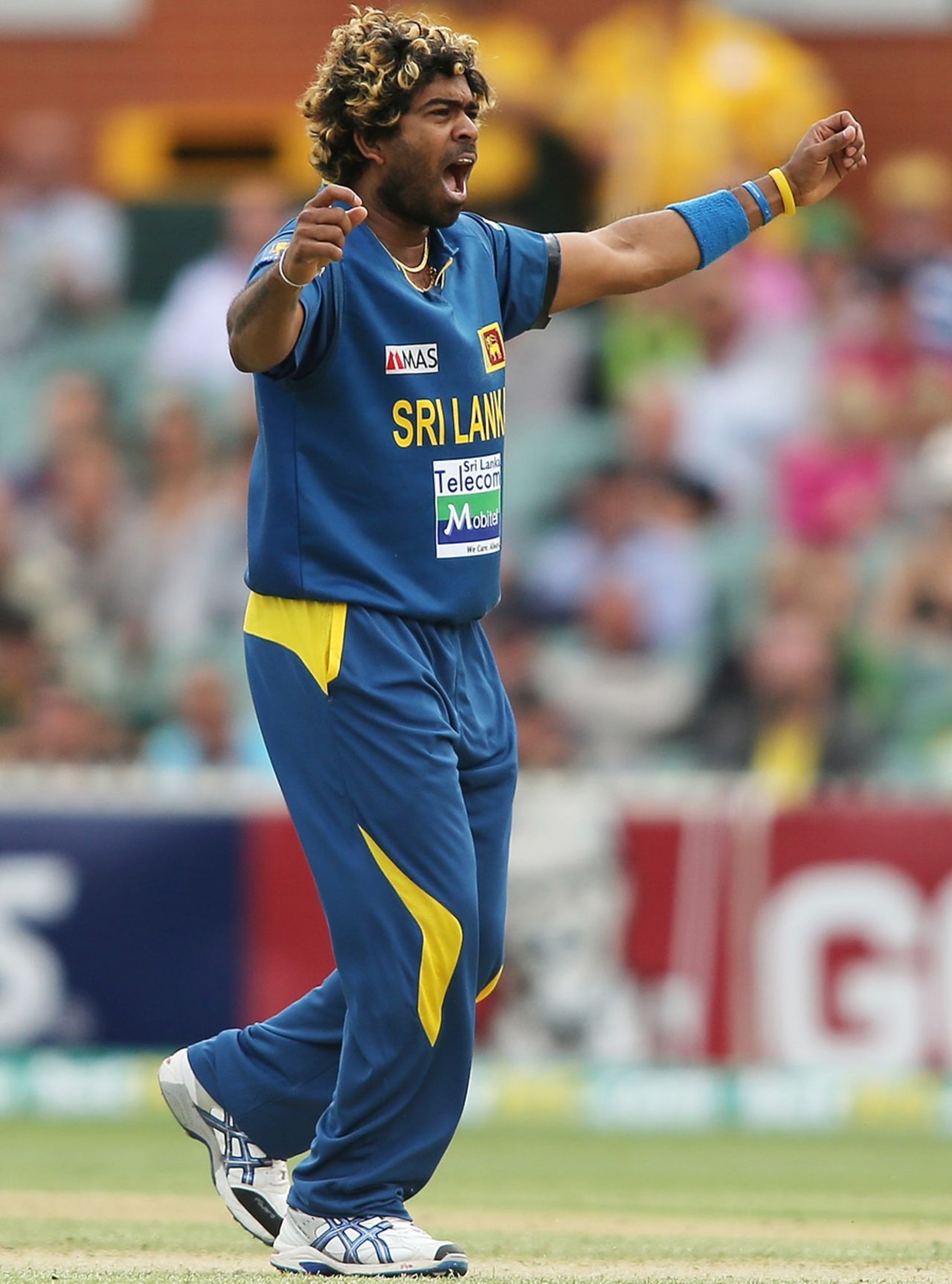 Lasith Malinga celebrates one of his three wickets, Australia v Sri Lanka, 2nd ODI, Adelaide, January 13, 2013