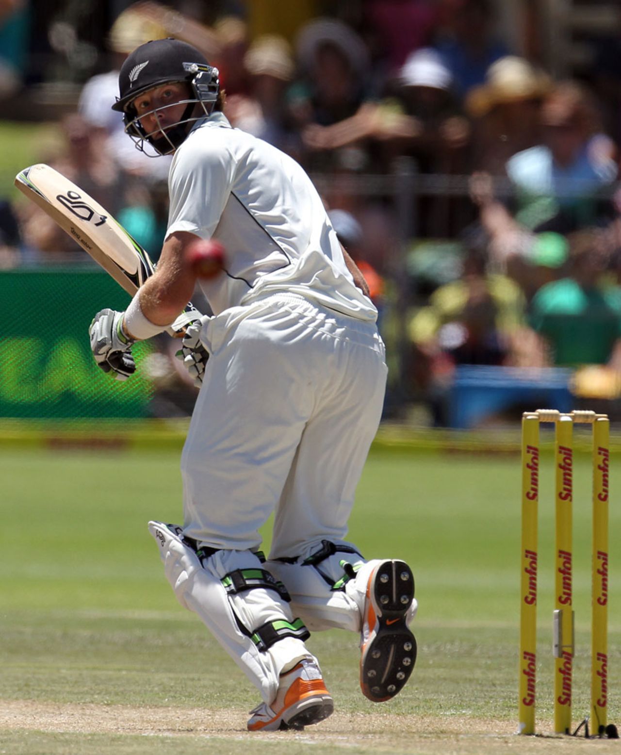 Martin Guptill glances the ball away fine, South Africa v New Zealand, 2nd Test, Port Elizabeth, 3rd day, January 13, 2013