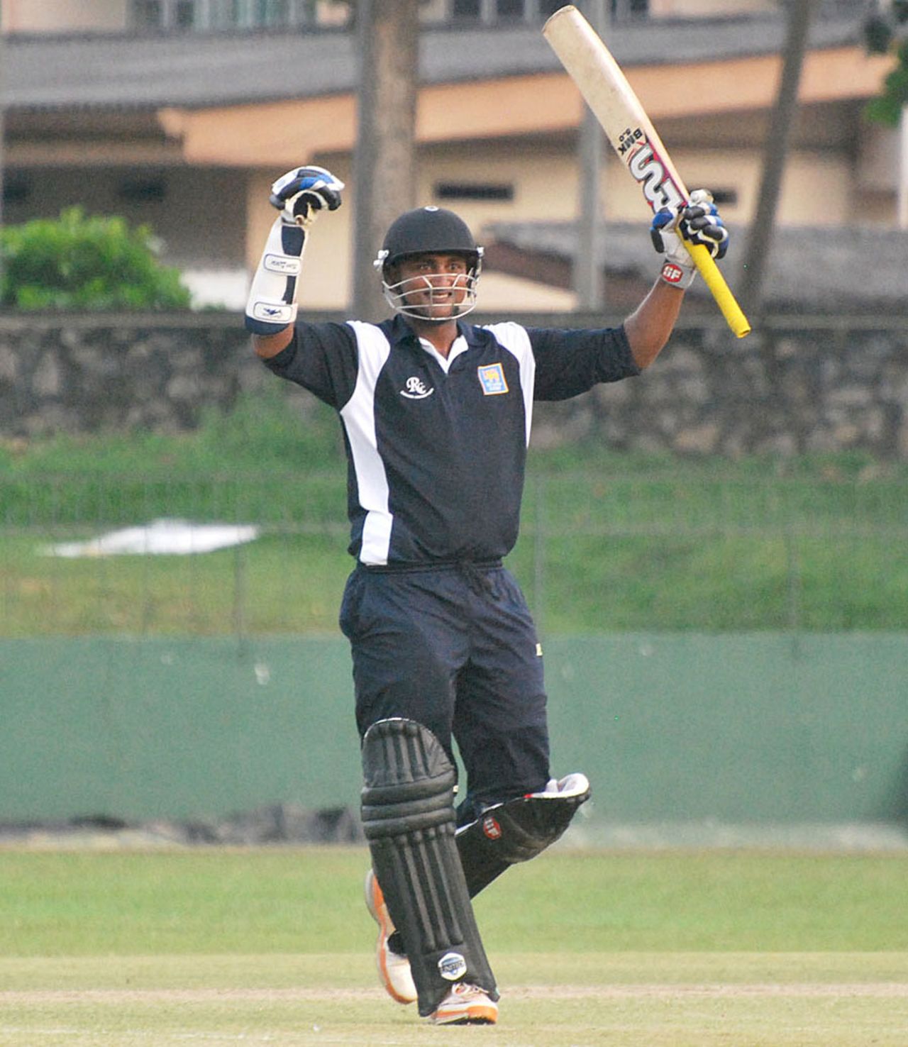 Kaushalya Weeraratne celebrates his half-century, Sinhalese Sports Club v Ragama Cricket Club, Premier Limited Over Tournament, final, Colombo, January 12, 2013