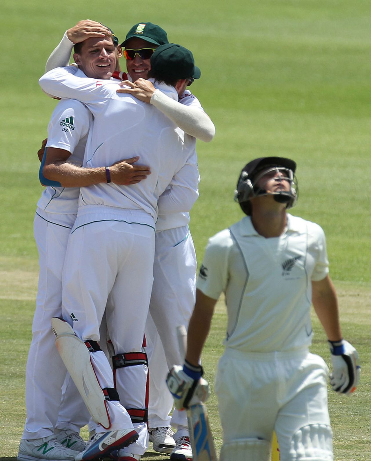 Dale Steyn is mobbed after removing BJ Watling, South Africa v New Zealand, 2nd Test, Port Elizabeth, 4th day, January 14, 2013