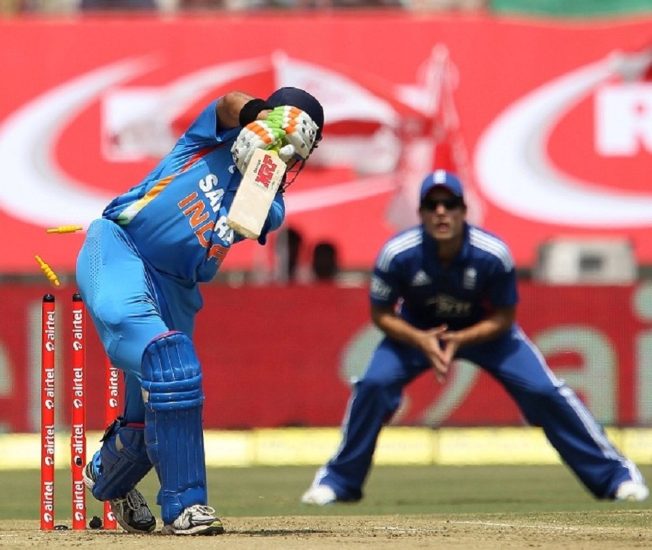 Gautam Gambhir's stumps are rattled by Jade Dernbach, India v England, 2nd ODI, Kochi, January 15, 2013