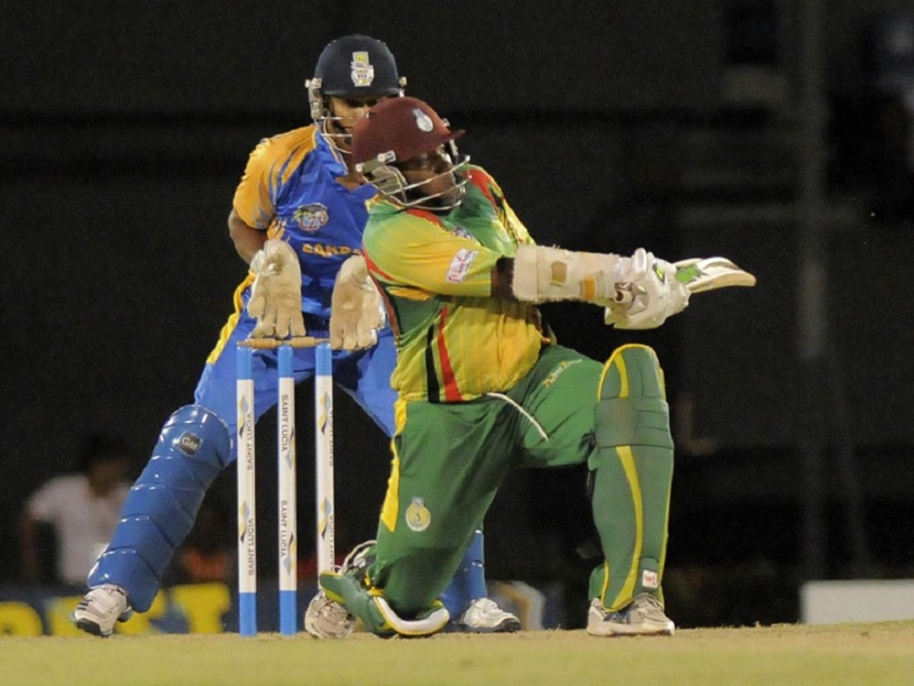 Liam Sebastien plays a switch hit during his unbeaten knock, Barbados v Windward Islands, Caribbean T20, January 17, 2013