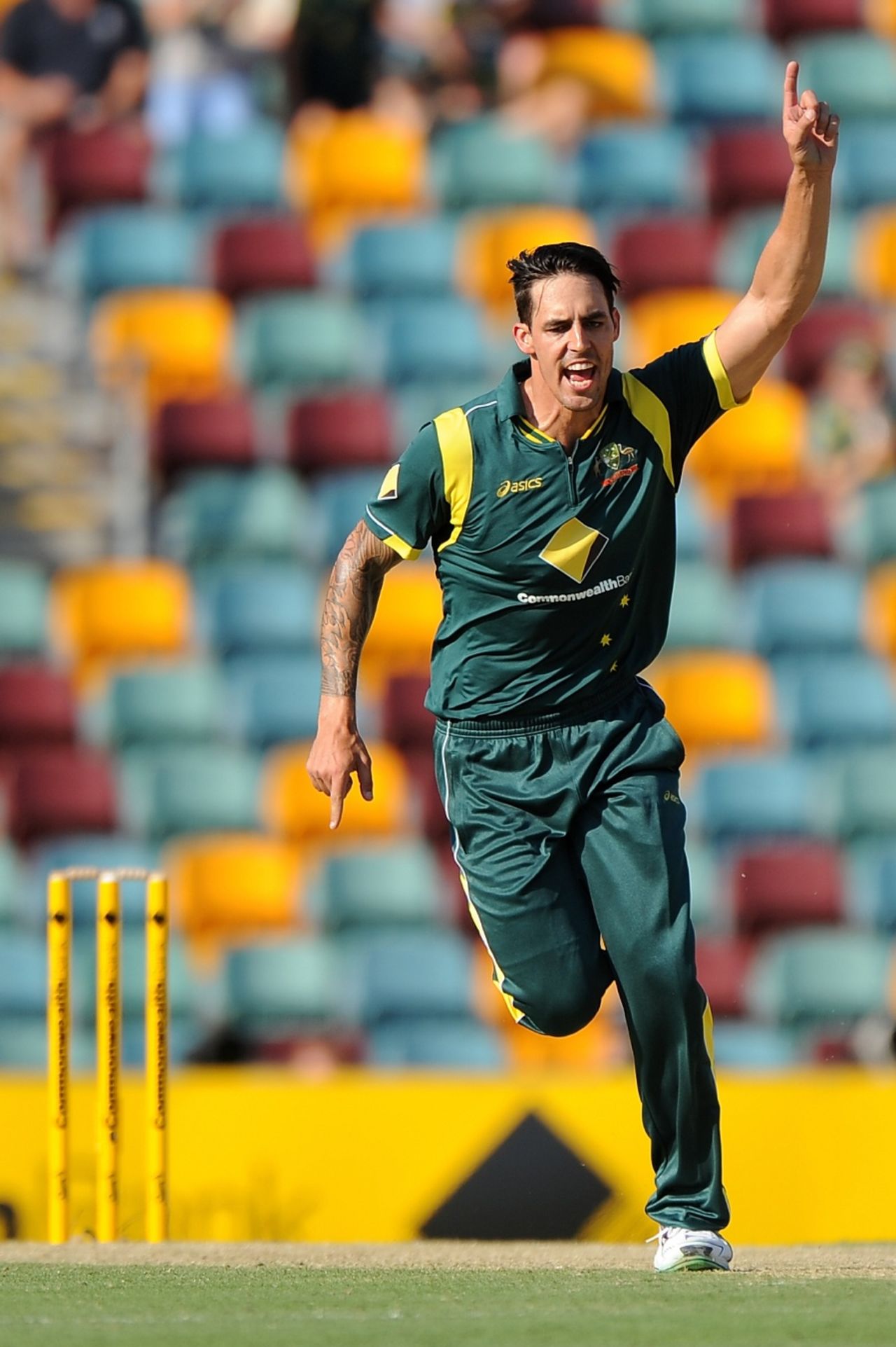 Mitchell Johnson celebrates a wicket, Australia v Sri Lanka, 3rd ODI, Brisbane, January 18, 2013
