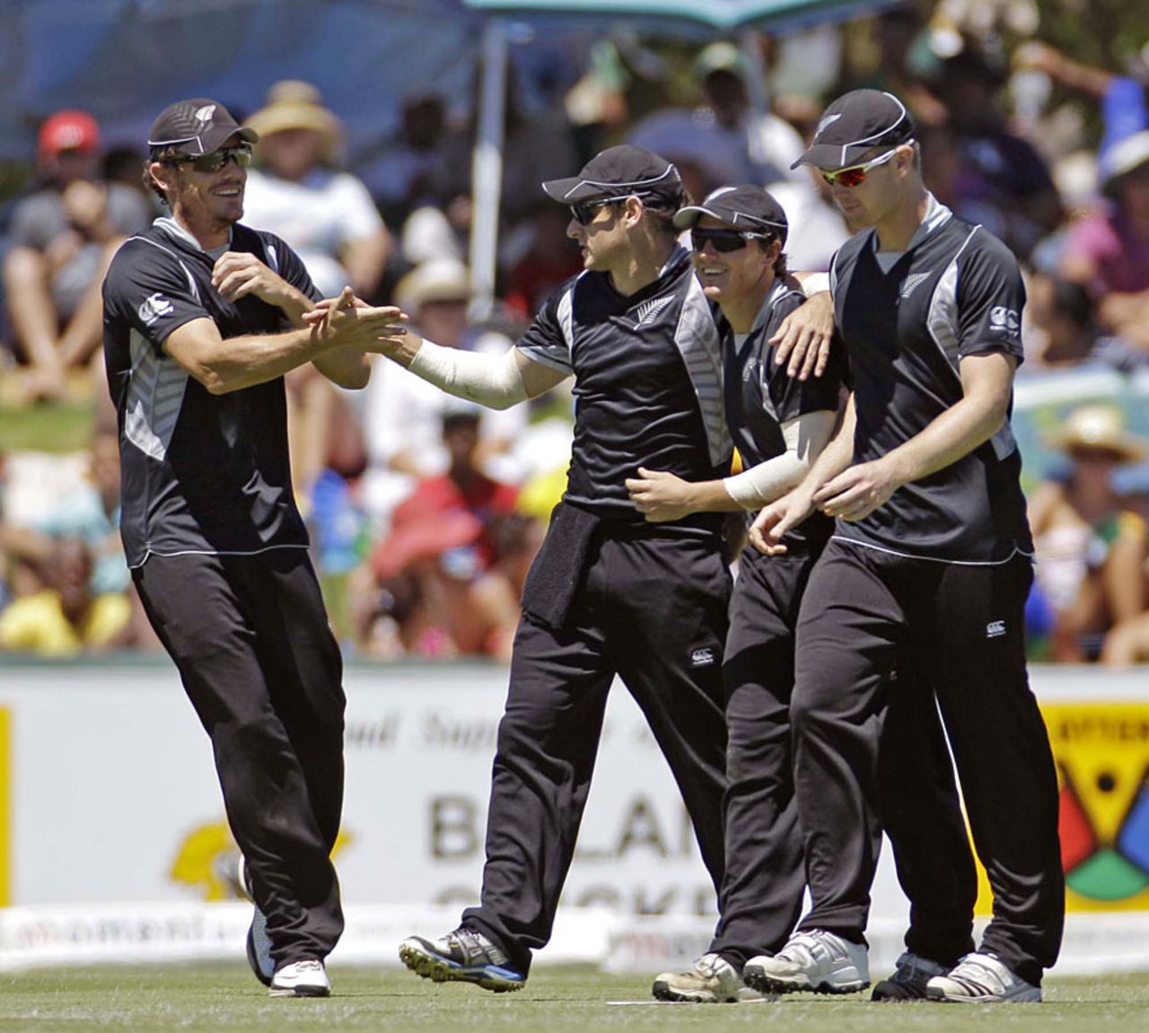 Nathan McCullum gets congratulated after his catch to remove Colin Ingram, South Africa v New Zealand, 1st ODI, Paarl, January 19, 2013