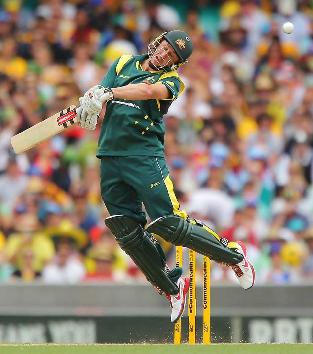 David Hussey evades a short ball, Australia v Sri Lanka, 4th ODI, Sydney, January 20, 2013