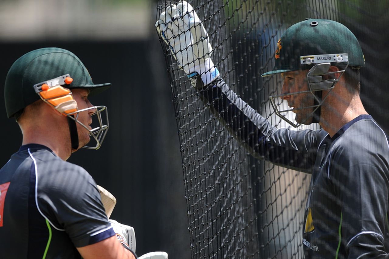 Michael Clarke and David Warner chat in the nets, Brisbane, January 17, 2013