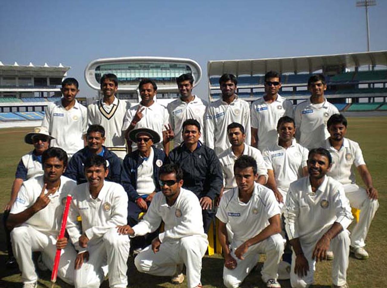 Saurashtra players pose for a group photograph after qualifying for Ranji Trophy final, Saurashtra v Punjab, 1st semi-final, Ranji Trophy 2012-13, Rajkot, 5th day, January 20, 2013