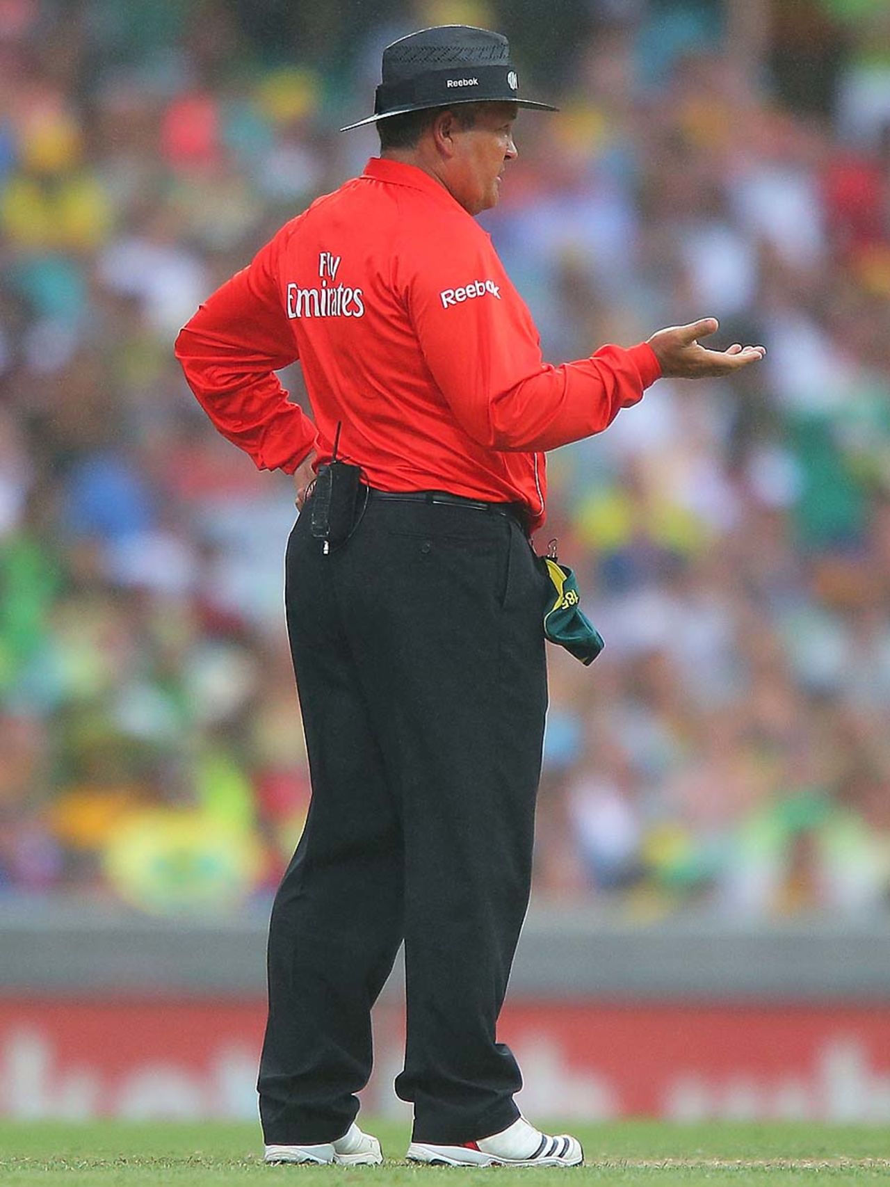 Umpire Marais Erasmus judges the rainfall before play is halted, Australia v Sri Lanka, 4th ODI, Sydney, January 20, 2013