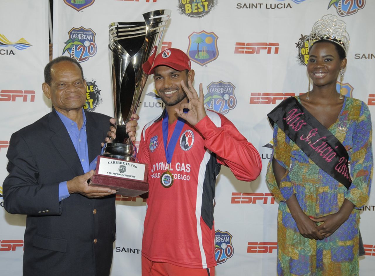 T&T captain Denesh Ramdin receives the Caribbean T20 trophy, Guyana v Trinidad & Tobago, Caribbean T20, final, St Lucia, January 20, 2013