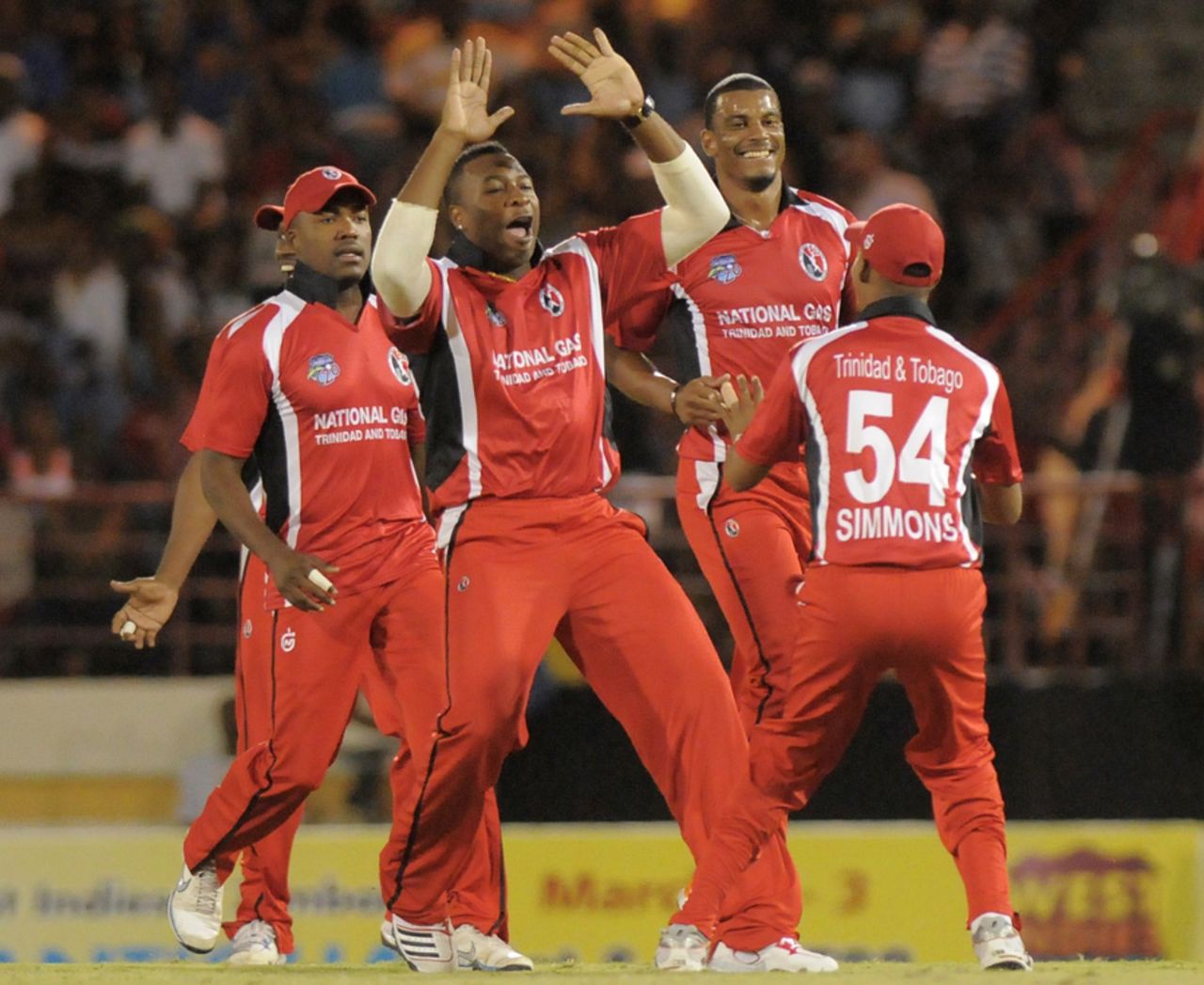 Trinidad & Tobago players celebrate a wicket, Guyana v Trinidad & Tobago, Caribbean T20, final, St Lucia, January 20, 2013