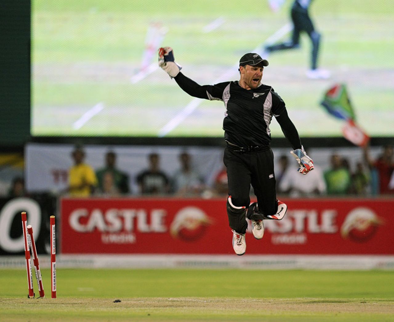 Brendon McCullum leaps after completing another run out, South Africa v New Zealand, 2nd ODI, Kimberley, January 22, 2013