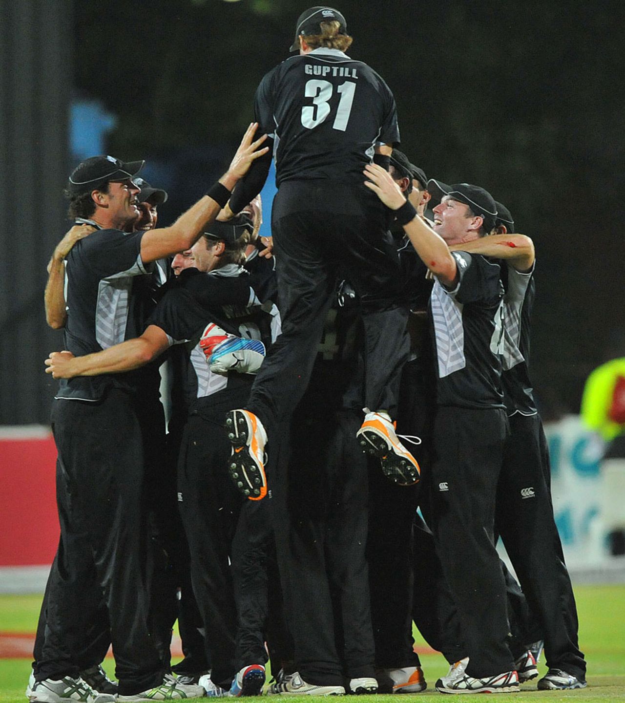Victory huddle: New Zealand gather in joy after their 27-run win, South Africa v New Zealand, 2nd ODI, Kimberley, January 22, 2013