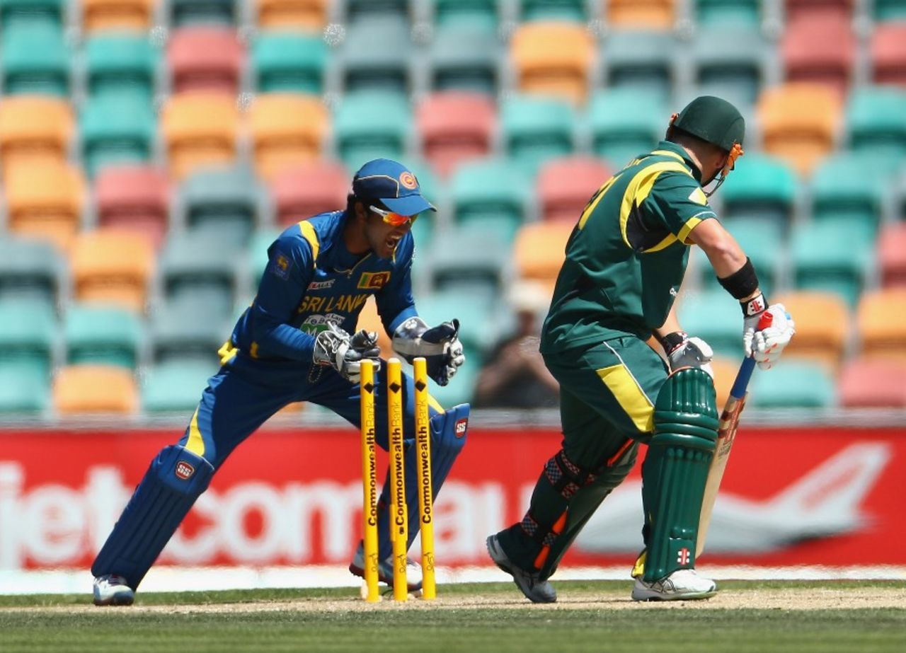 David Warner looks back and sees he has been bowled, Australia v Sri Lanka, 5th ODI, Hobart, January 23, 2013