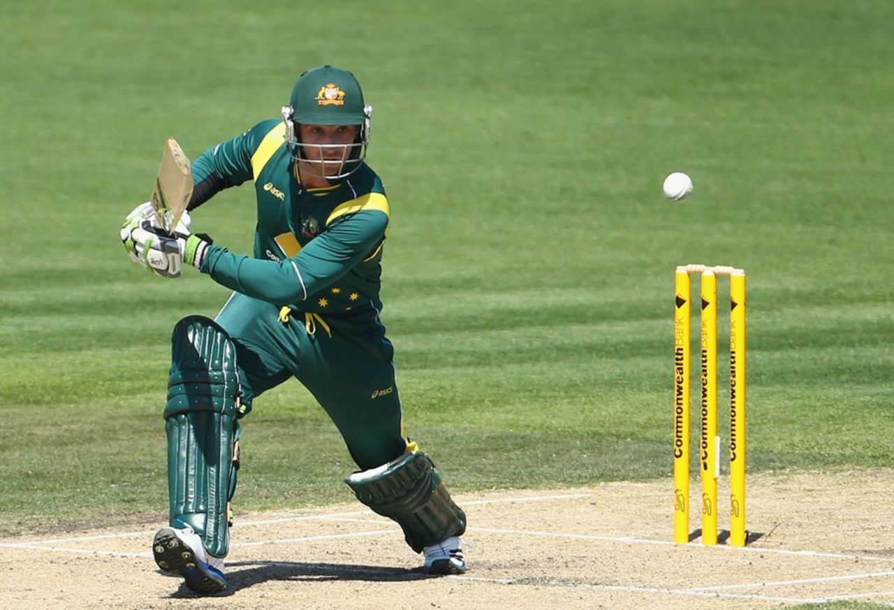 Phillip Hughes pushes one through the off side, Australia v Sri Lanka, 5th ODI, Hobart, January 23, 2013