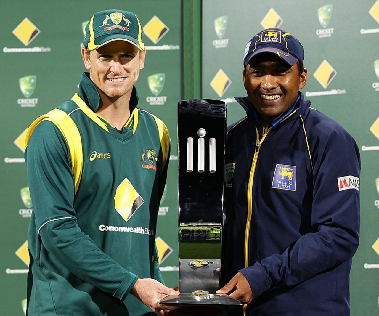 George Bailey and Mahela Jayawardene hold the ODI series trophy, Australia v Sri Lanka, 5th ODI, Hobart, January 23, 2013