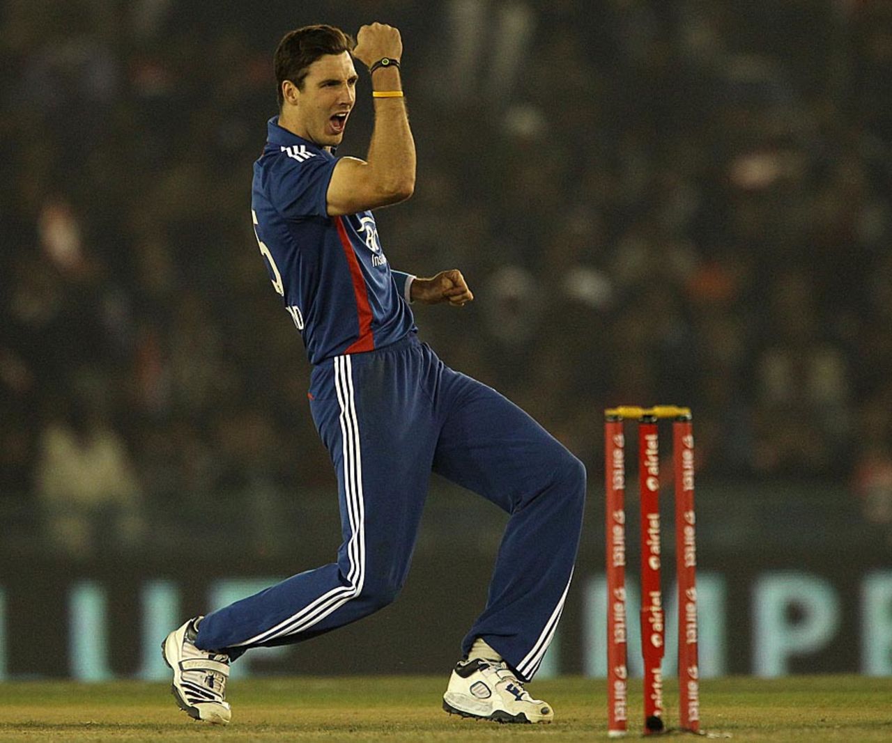 Steven Finn celebrates after getting Rohit Sharma out, India v England, 4th ODI, Mohali, January 23, 2013