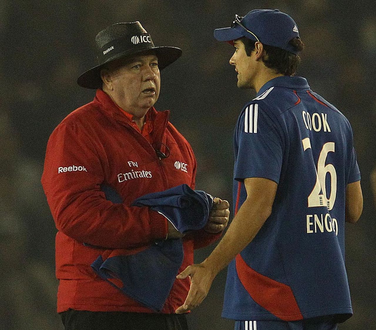Alastair Cook has a word with the umpire, India v England, 4th ODI, Mohali, January 23, 2013