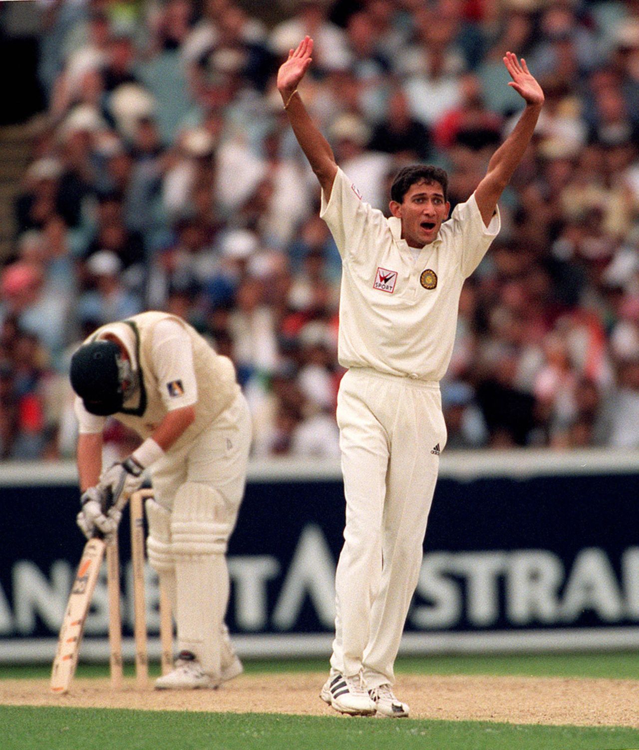 Ajit Agarkar successfully appeals for the wicket of Mark Waugh, Australia v India, 2nd Test, MCG, 1st day, December 26, 1999