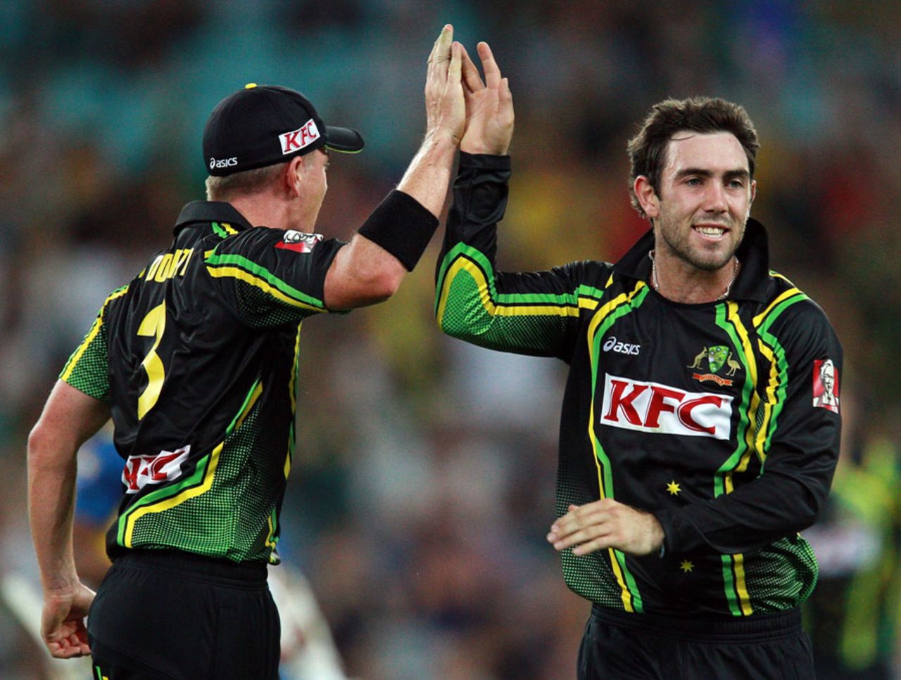 Glenn Maxwell chipped in with two wickets, Australia v Sri Lanka, 1st T20, Sydney, January 26, 2013