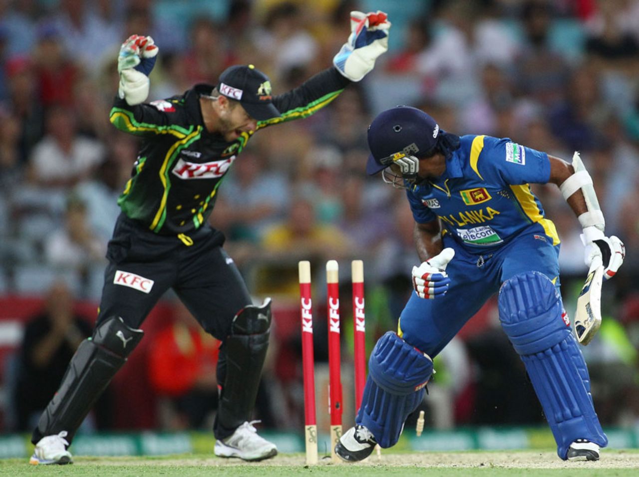 Mahela Jayawardene looks round to see his stumps disturbed, Australia v Sri Lanka, 1st T20, Sydney, January 26, 2013