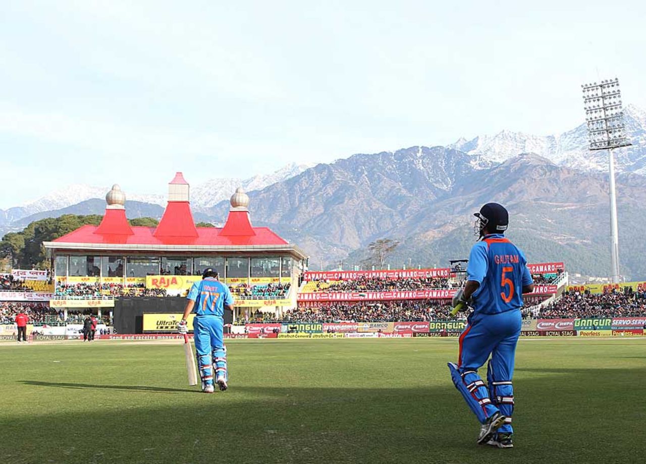 Rohit Sharma and Gautam Gambhir walk out to bat, India v England, 5th ODI, Dharamsala, January 27, 2013