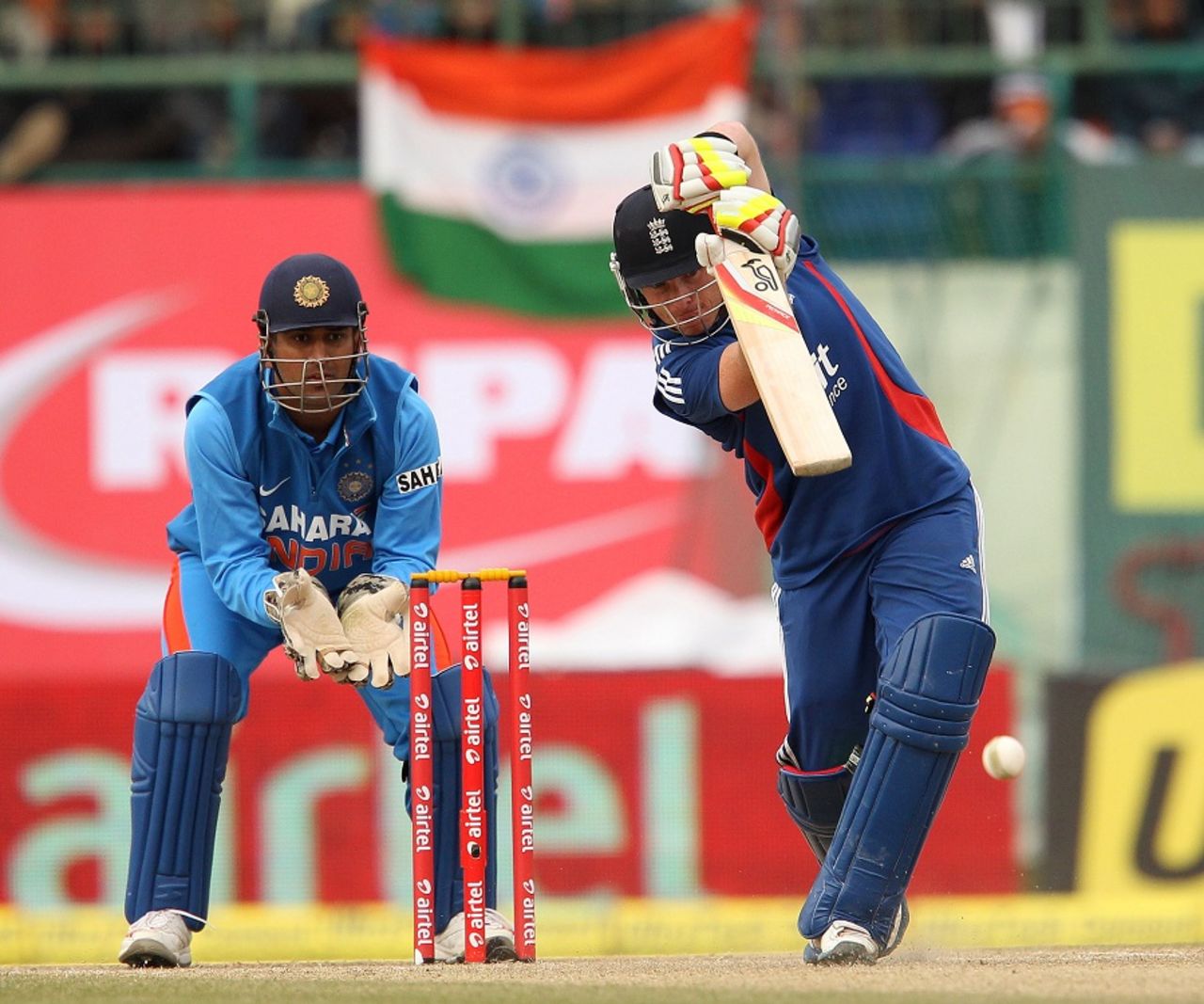 Ian Bell drives one down the ground, India v England, 5th ODI, Dharamsala, January 27, 2013