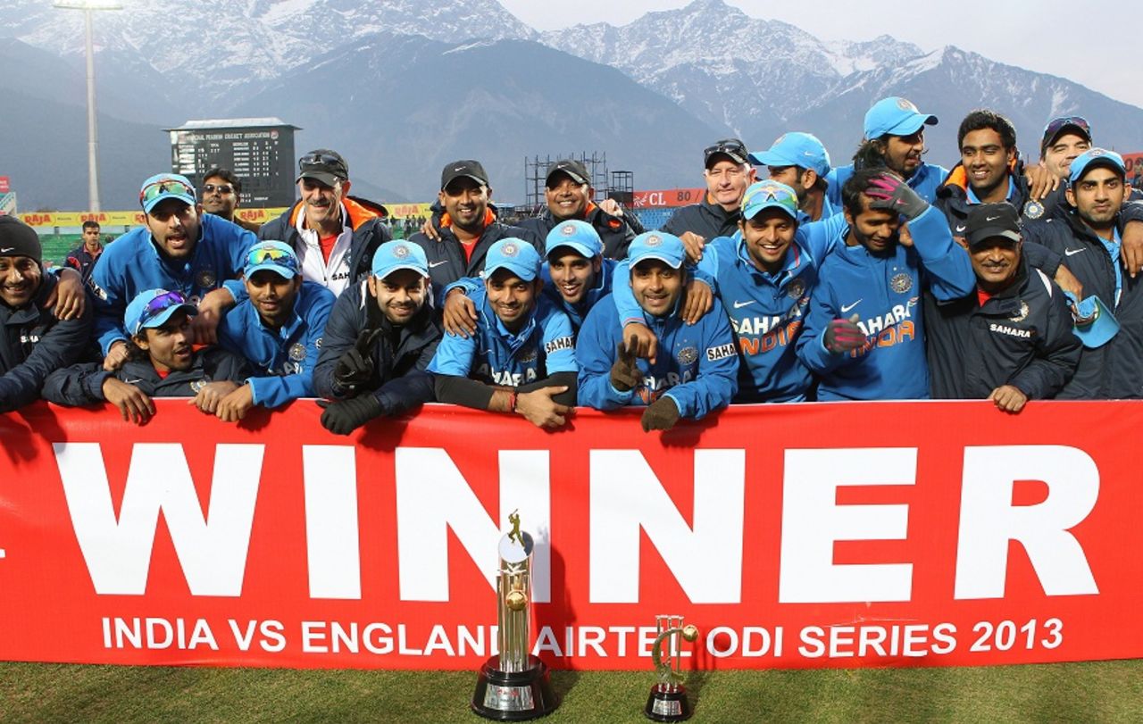 The Indian team poses after winning the series 3-2, India v England, 5th ODI, Dharamsala, January 27, 2013