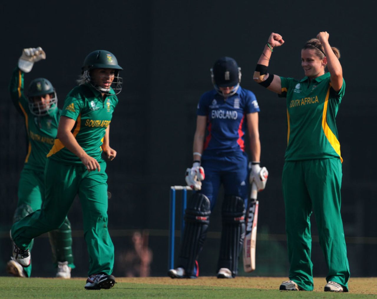 Yolandi Potgieter celebrates dismissing Lydia Greenway, England v South Africa, Women's World Cup warm-up, Mumbai, January 28, 2013