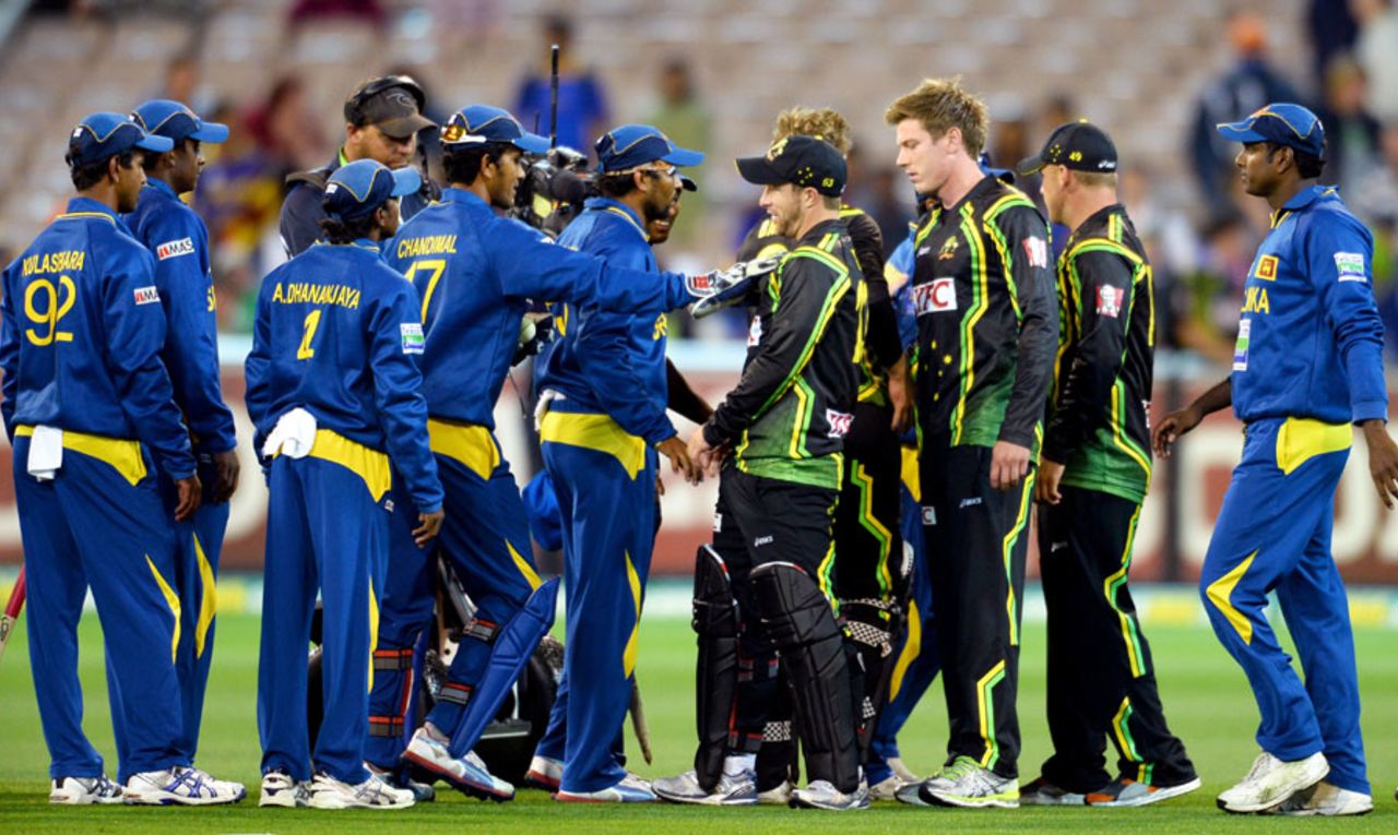 There were heated exchanges after a closely contested match, Australia v Sri Lanka, 2nd T20, Melbourne, January 28, 2013