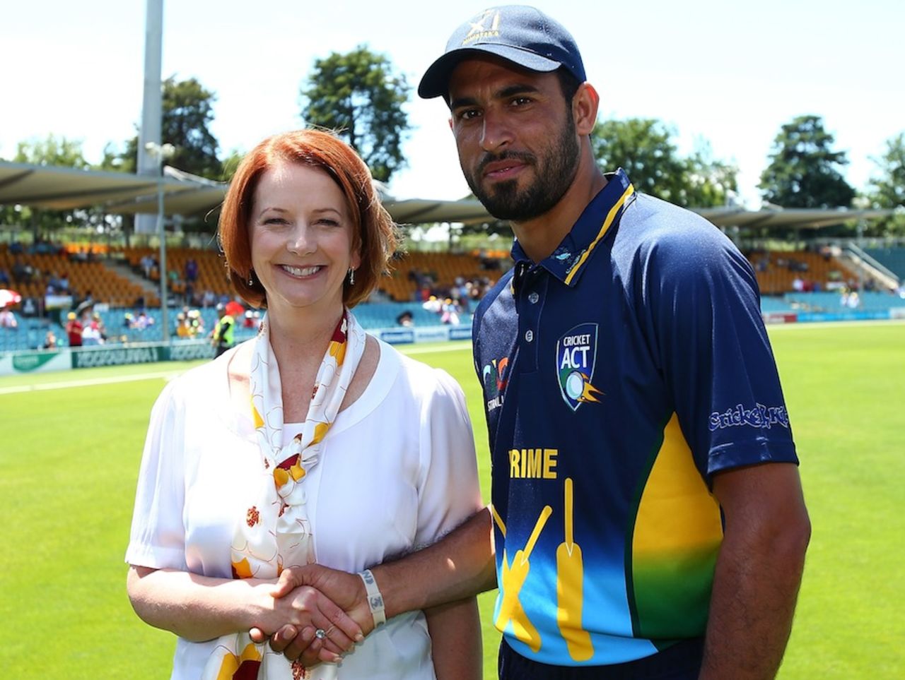 Fawad Ahmed with Australia's Prime Minister Julia Gillard, Prime Minister's XI v West Indians, Canberra, January 29, 2013