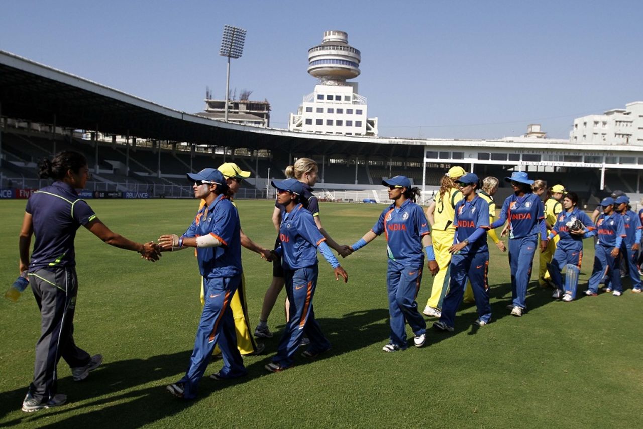 Players shake hands after Australia beat India by five wickets, India v Australia, Women's World Cup warm-up, Mumbai, January 29, 2012